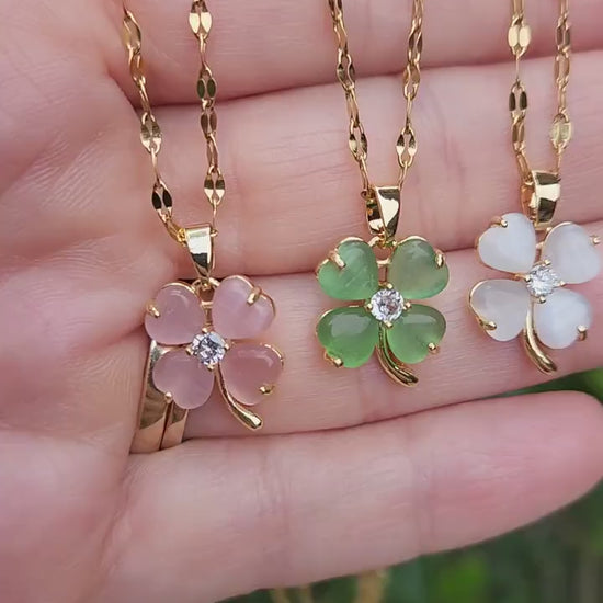 Gold Filled  Clover Natural  Jade Earrings , Necklaces, WATERPROOF Clover Set.