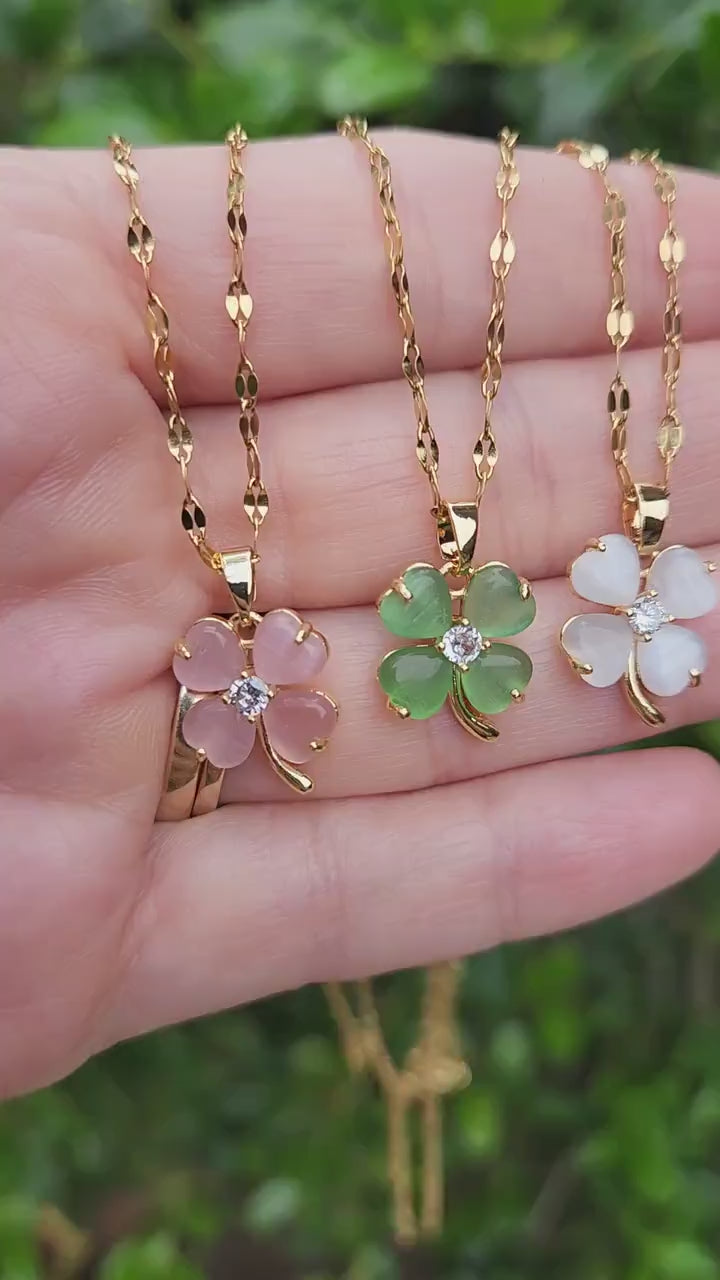 Gold Filled  Clover Natural  Jade Earrings , Necklaces, WATERPROOF Clover Set.