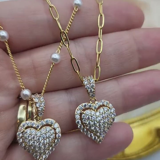 Gold CZ Heart Necklace , WATERPROOF Adjustable Chains.