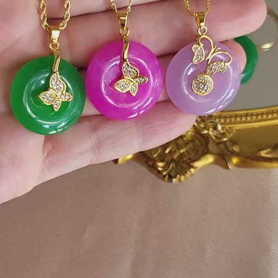 Gold Filled  Natural Jade Necklaces, Good Luck And Peace Pendant, WATERPROOF Adjustable Chains.