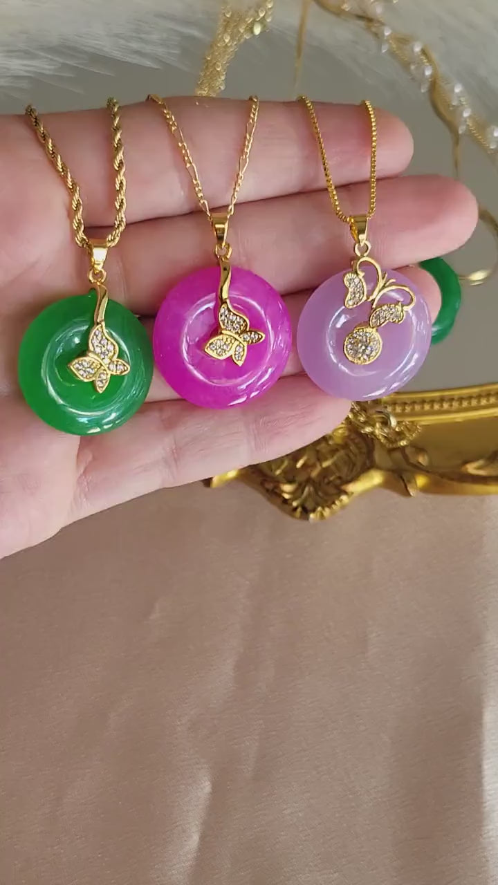 Gold Filled  Natural Jade Necklaces, Good Luck And Peace Pendant, WATERPROOF Adjustable Chains.