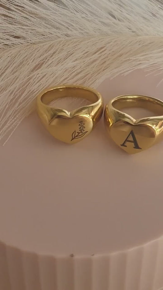 Gold Engraved Heart Ring ,Engraved Birth month Flower, Personalized Gift, Waterproof , High Quality.