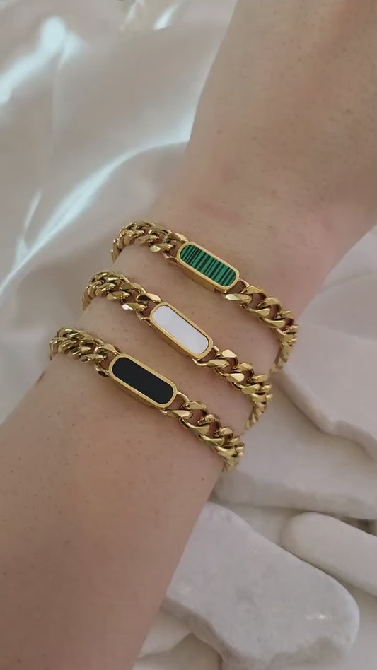 Gold Filled Green Tiger Eye,Black Cat's Eye Scopolite Cuban Chain Bracelet ,WATERPROOF, Non Tarnish.