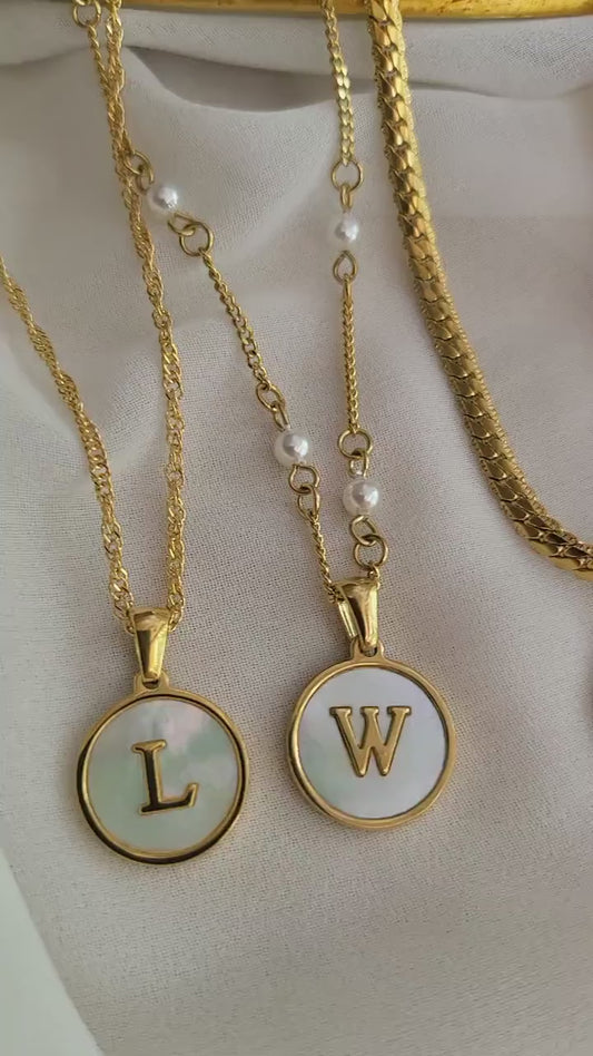 Gold Filled  Mother of Pearl Round  Initial Name Necklace, Birthday Gift.